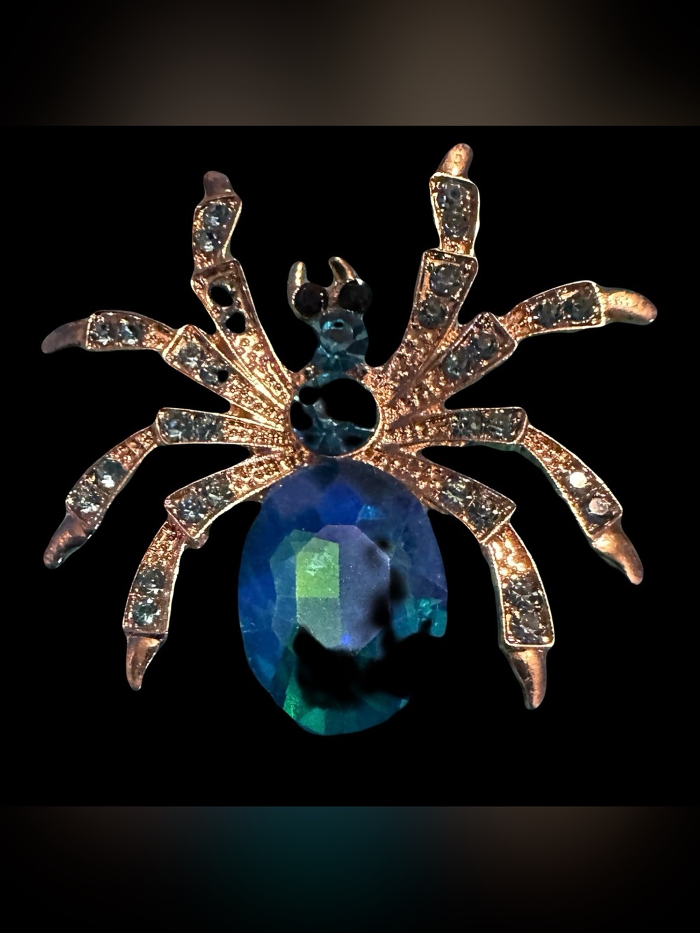 Gold-Tone Blue Crystal Spider Brooch